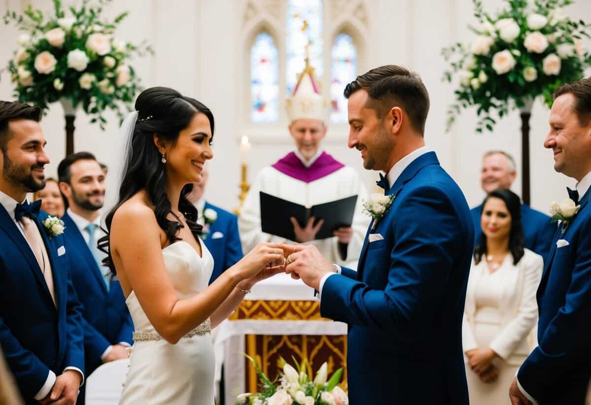 A bride and groom exchanging rings at a wedding ceremony, with flowers, a decorated altar, and guests in formal attire