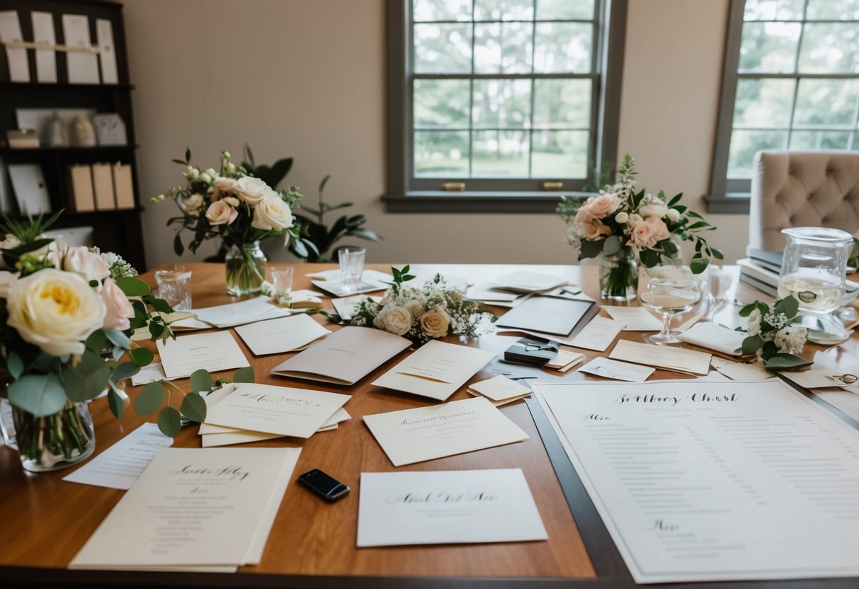 A cluttered desk with scattered wedding invitations, flower arrangements, and a disorganized seating chart