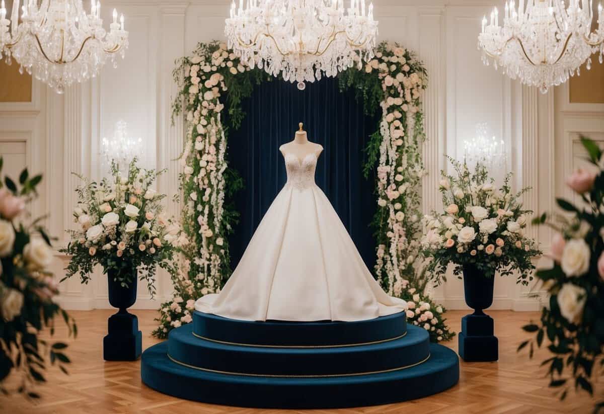 A luxurious wedding dress displayed on a grand velvet-lined pedestal, surrounded by sparkling chandeliers and opulent floral arrangements