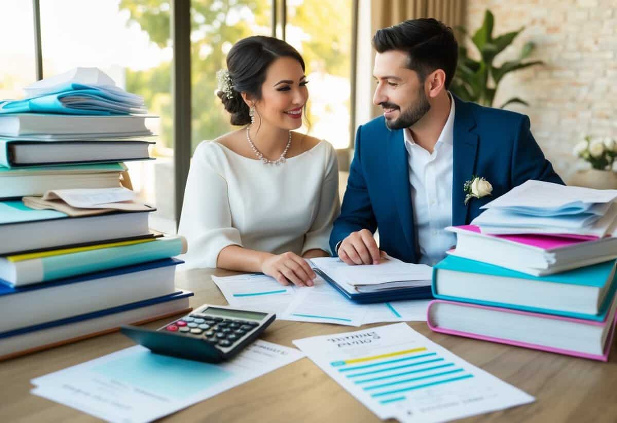 A couple sits at a table, surrounded by wedding planning books, receipts, and a calculator. They are discussing and budgeting for pre and post-wedding expenses