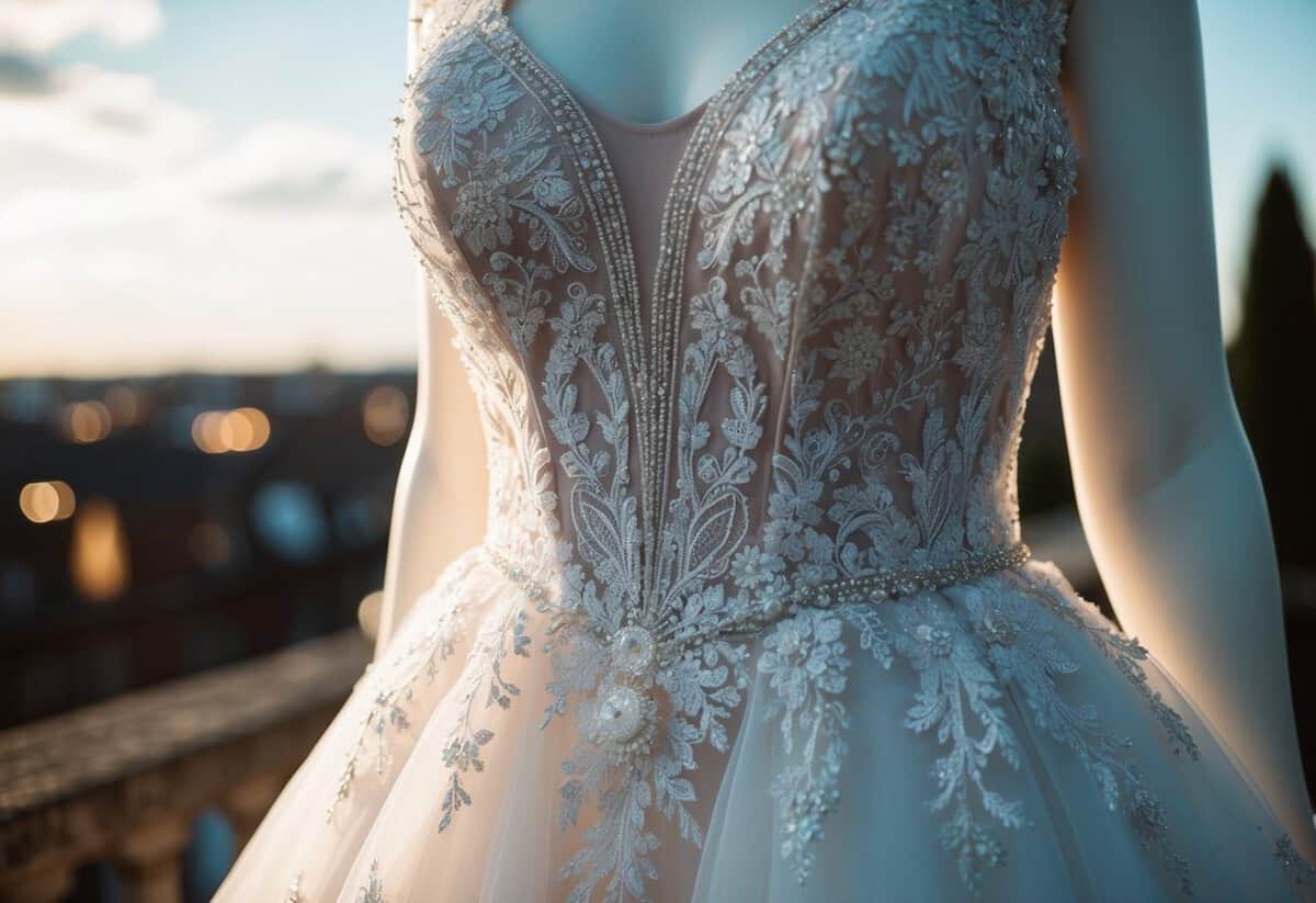A wedding dress with intricate lace, beading, and embroidery, catching the light and adding a sense of luxury and opulence