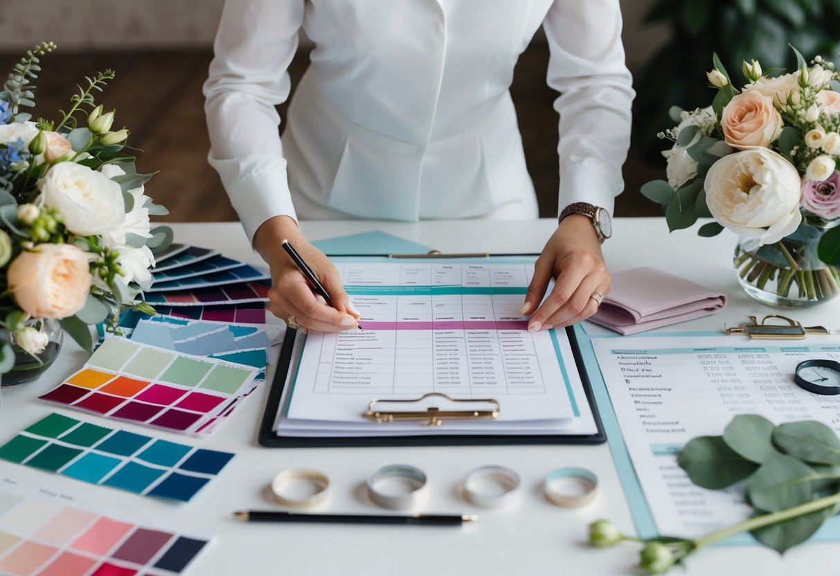 A wedding planner surrounded by color swatches, fabric samples, and floral arrangements, organizing a detailed timeline and budget spreadsheet