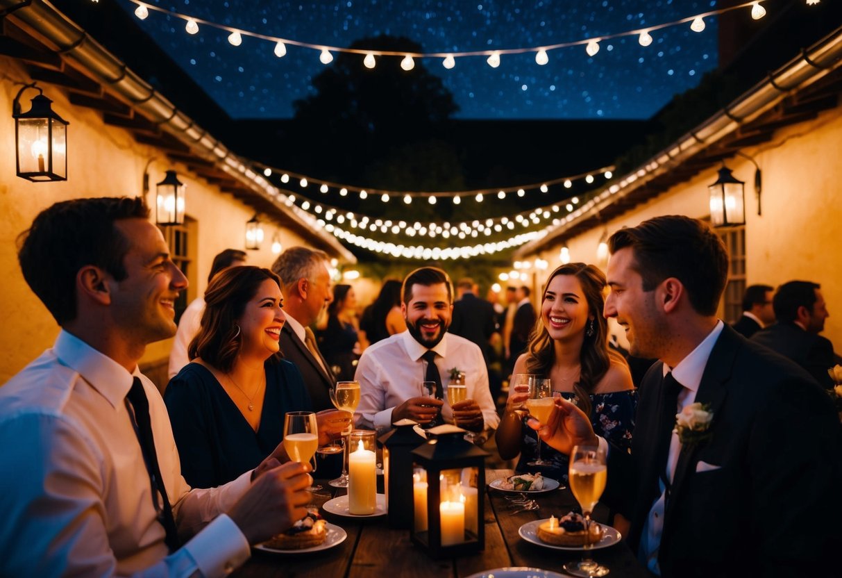 Guests mingle in the dimly lit courtyard, lanterns casting a warm glow. Laughter fills the air as they enjoy dessert and drinks under the starry night sky