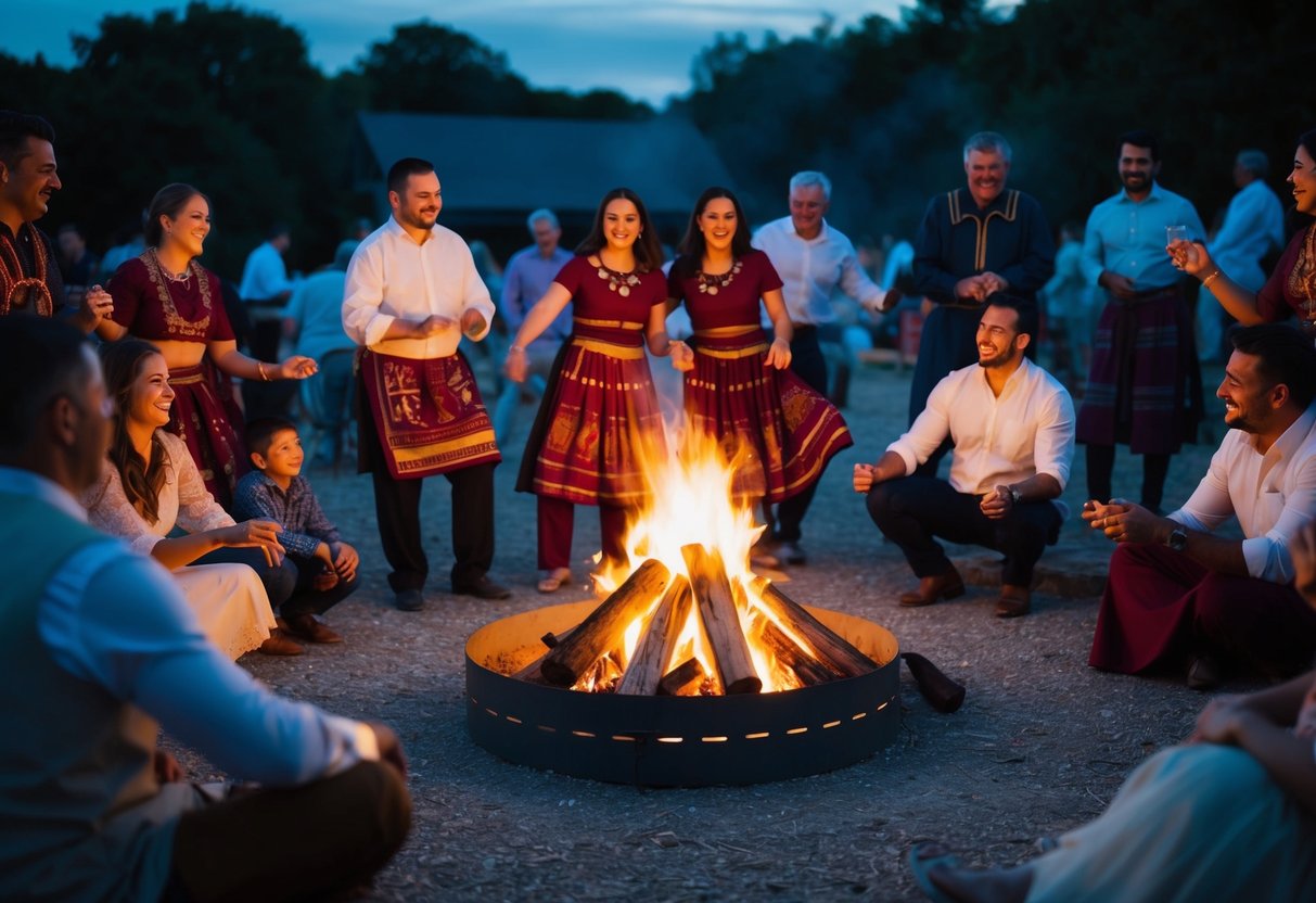 Guests gather around a bonfire, sharing stories and laughter. Some join in traditional dances, while others relax and enjoy the evening