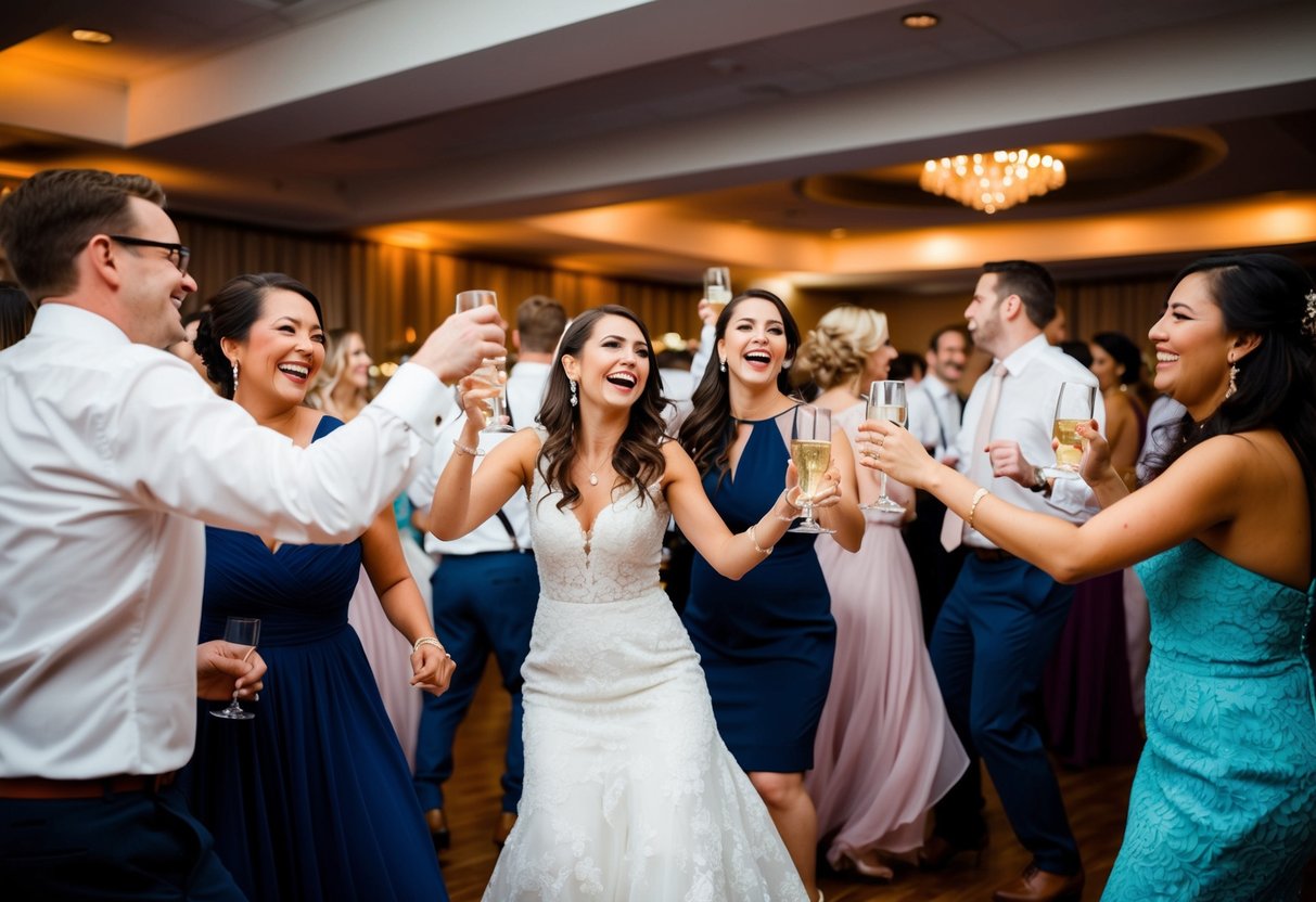 Guests gather on the dance floor, clinking glasses, laughing, and dancing to lively music. The room is filled with joy and celebration as the wedding party enjoys the festive atmosphere