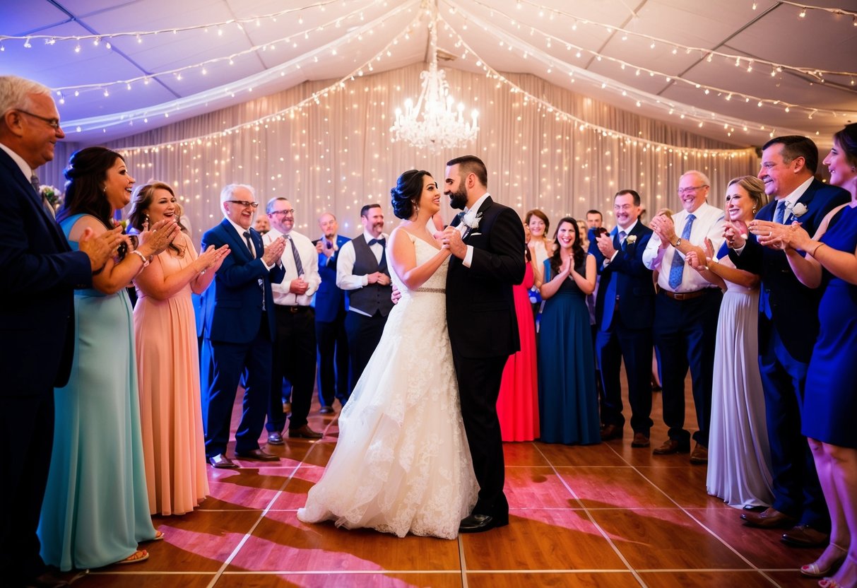 Guests gather around a dance floor under twinkling lights, clapping and cheering as the newlyweds share their first dance