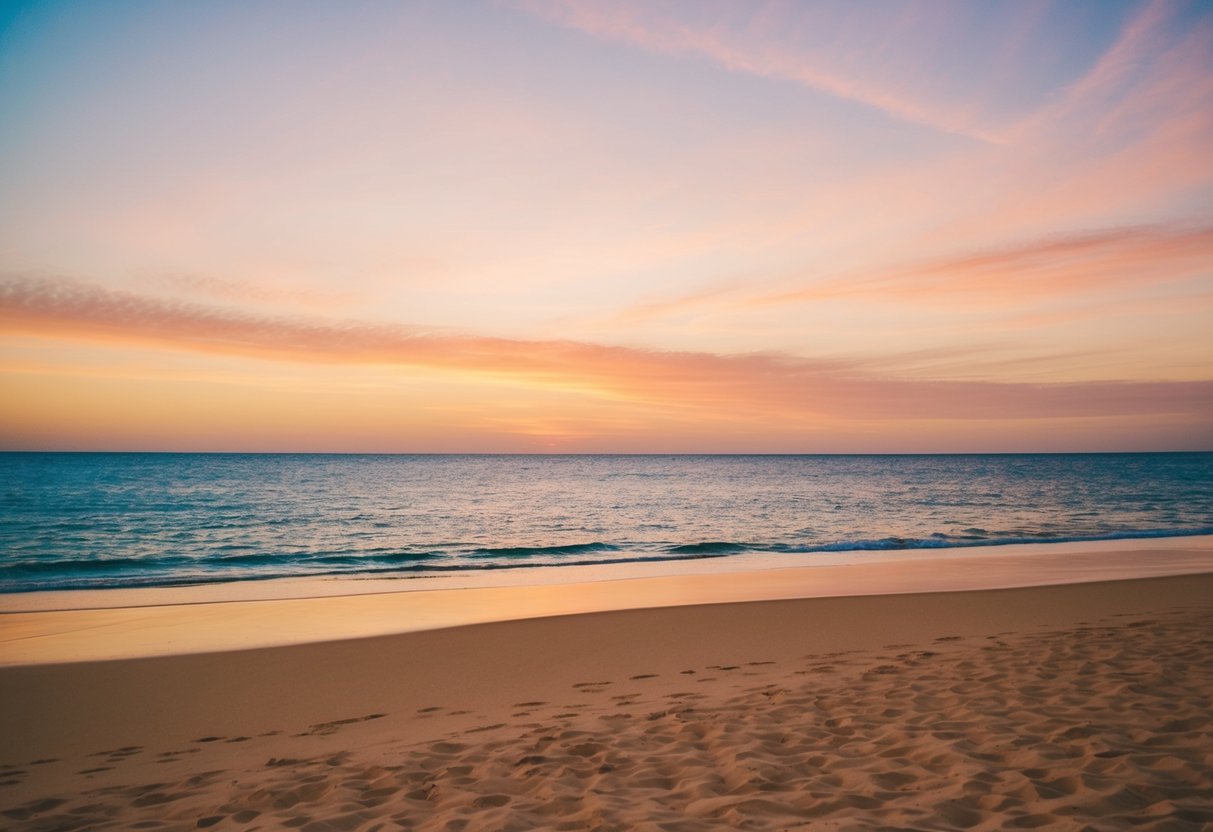 A serene beach at sunset with a mix of warm colors - golden sand, peachy sky, and deep blue ocean