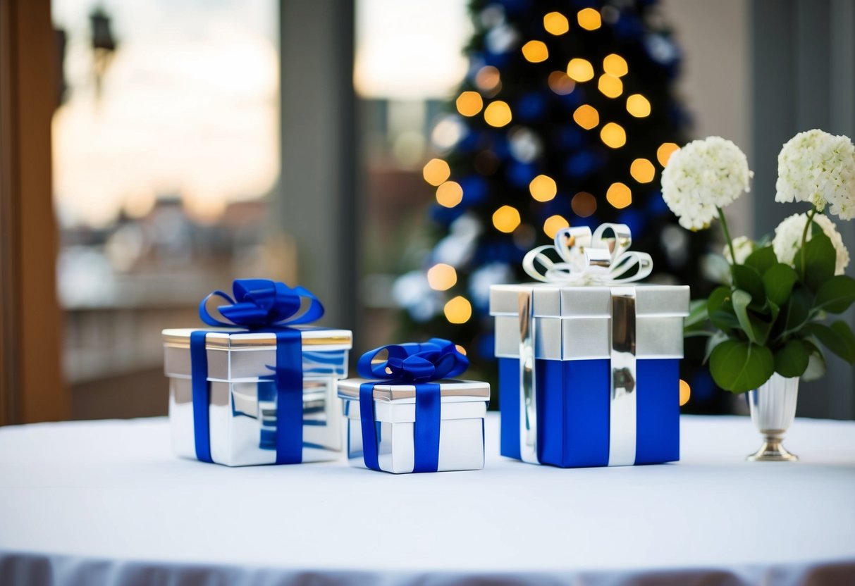 A table set with traditional gifts in silver and blue for a 10 year wedding anniversary