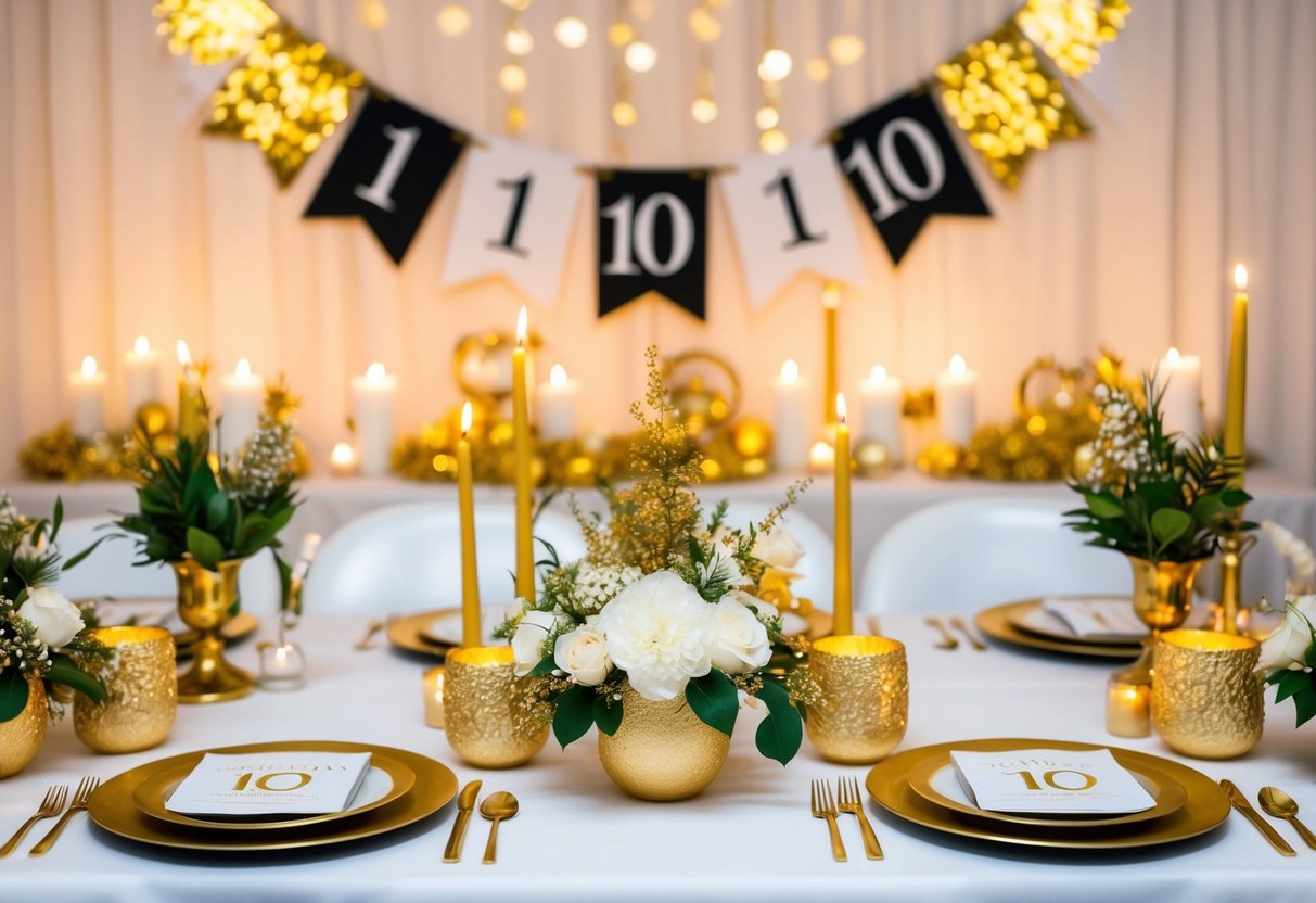 A festive scene with a decorative table set in gold and white, adorned with flowers and candles. A banner with the number 10 hangs in the background