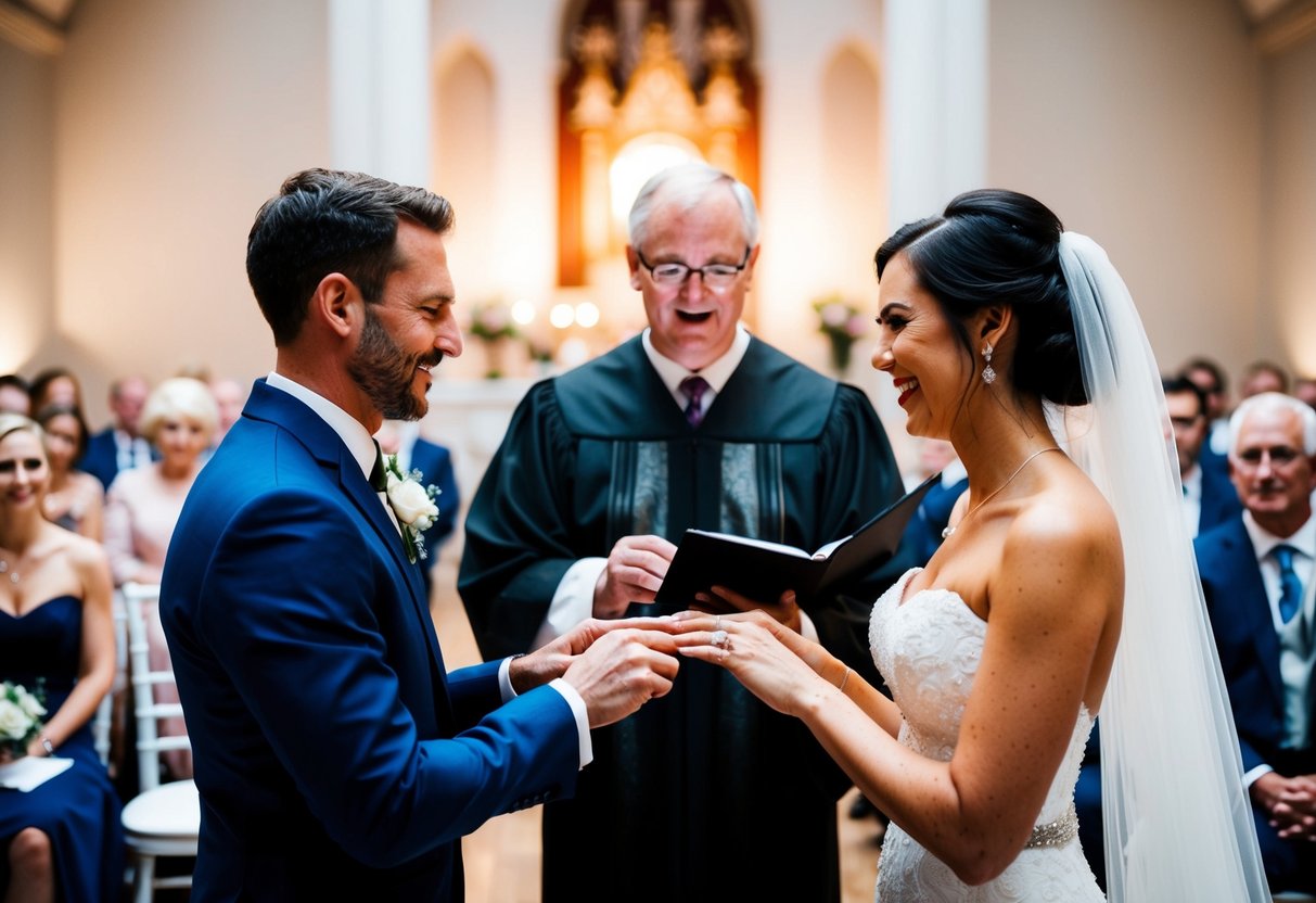 A bride and groom exchanging rings with a minister officiating, while family and friends watch from their seats