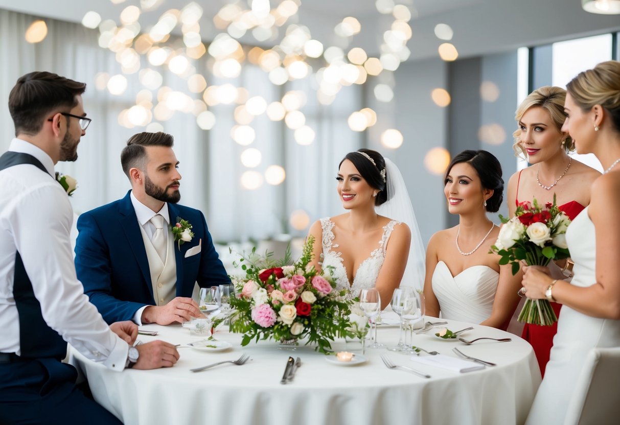 A bride and groom sit at a table with a wedding planner, florist, caterer, and photographer discussing details for the big day