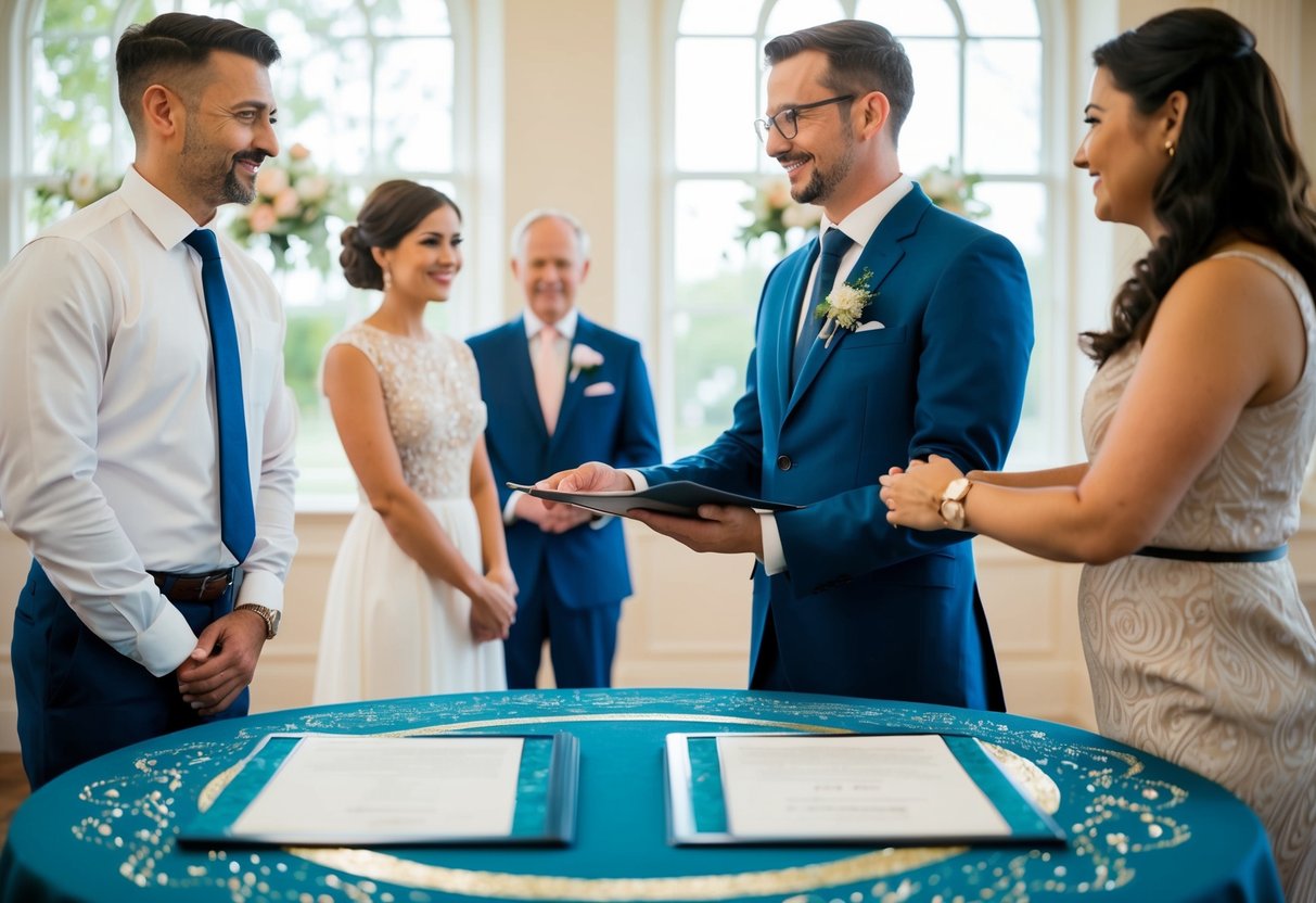 A registrar stands at a decorated table with a pen and documents, facing a couple and their witnesses