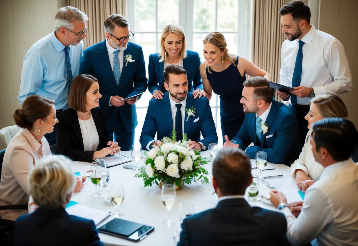 A group of individuals gathered around a table, discussing and planning for a wedding. Key stakeholders such as family members, the couple, and wedding vendors are present