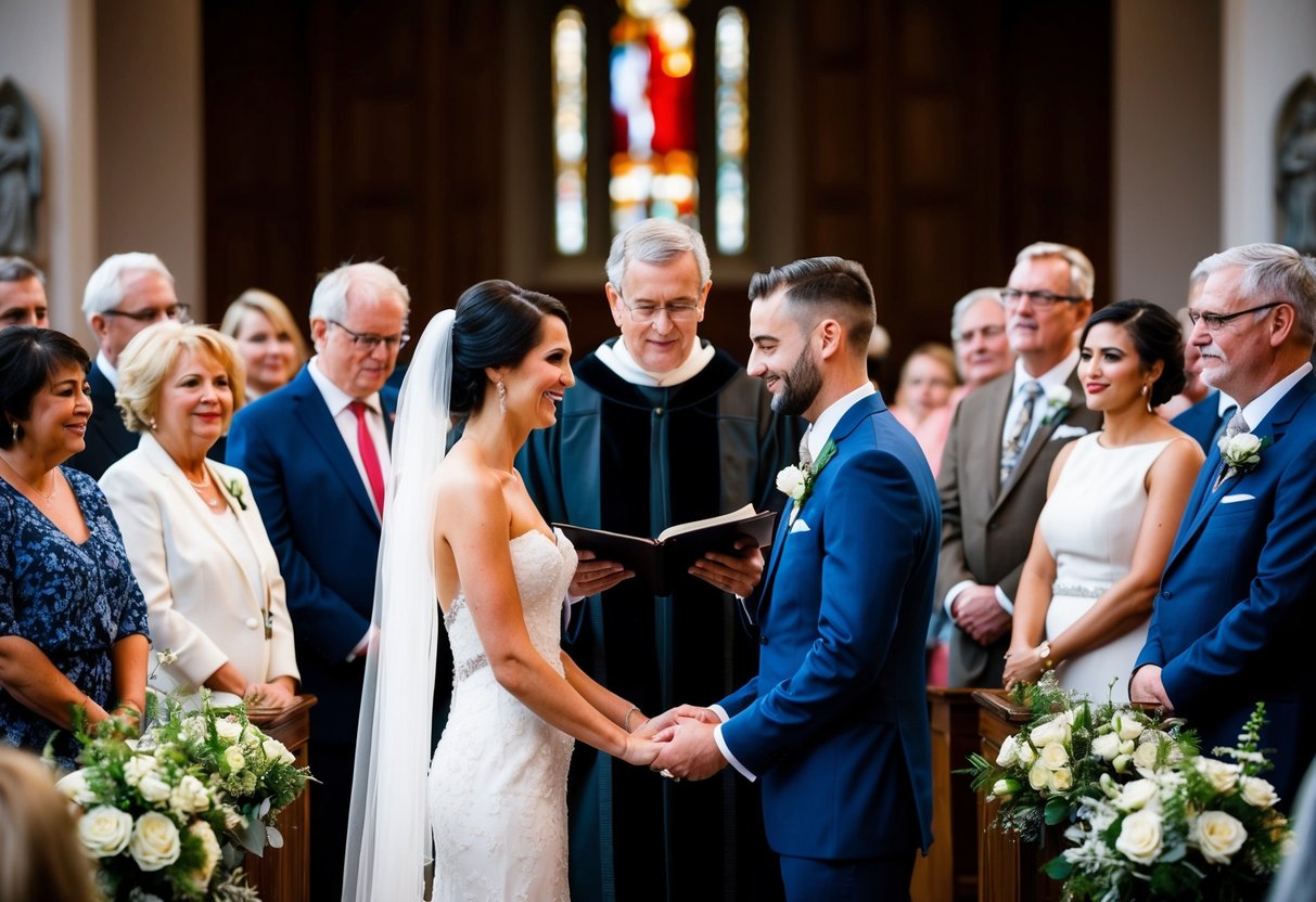 A bride and groom stand at the altar, surrounded by family and friends. A minister officiates the ceremony, as the couple exchanges vows and rings