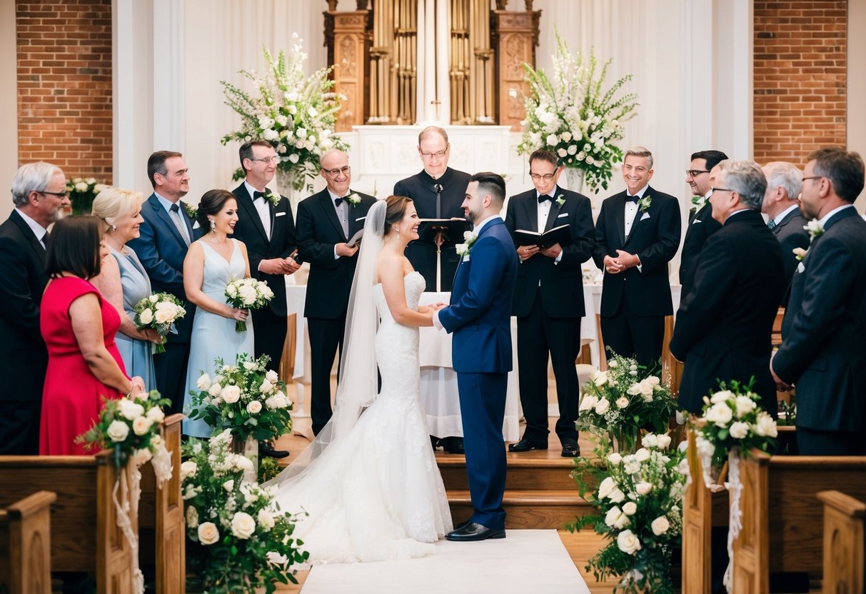 A bride and groom stand at the altar surrounded by family, friends, and officiant. Flowers, decorations, and music set the scene