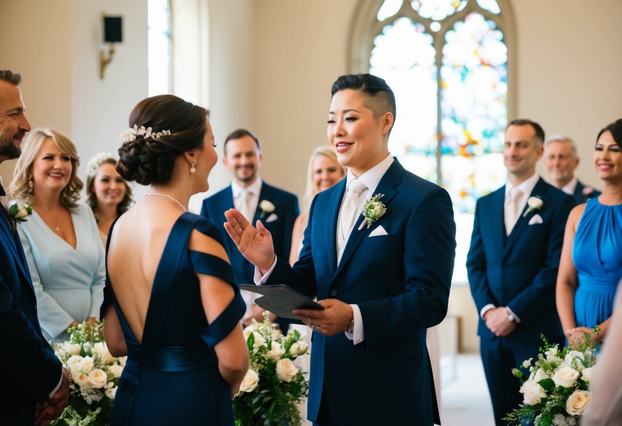 The registrar speaks solemnly, leading the couple through their vows as family and friends look on with joy and anticipation