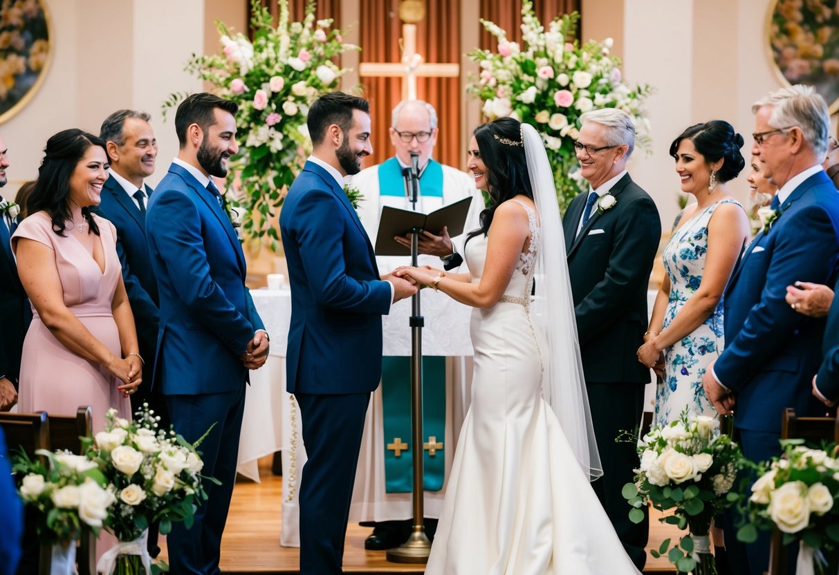 A couple standing at the altar, surrounded by family and friends, exchanging vows and rings. The officiant presides over the ceremony, with flowers and decorations adorning the space