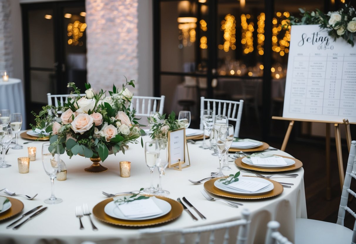 A table set with floral centerpieces, place settings, and a wedding cake. A seating chart and timeline are displayed nearby