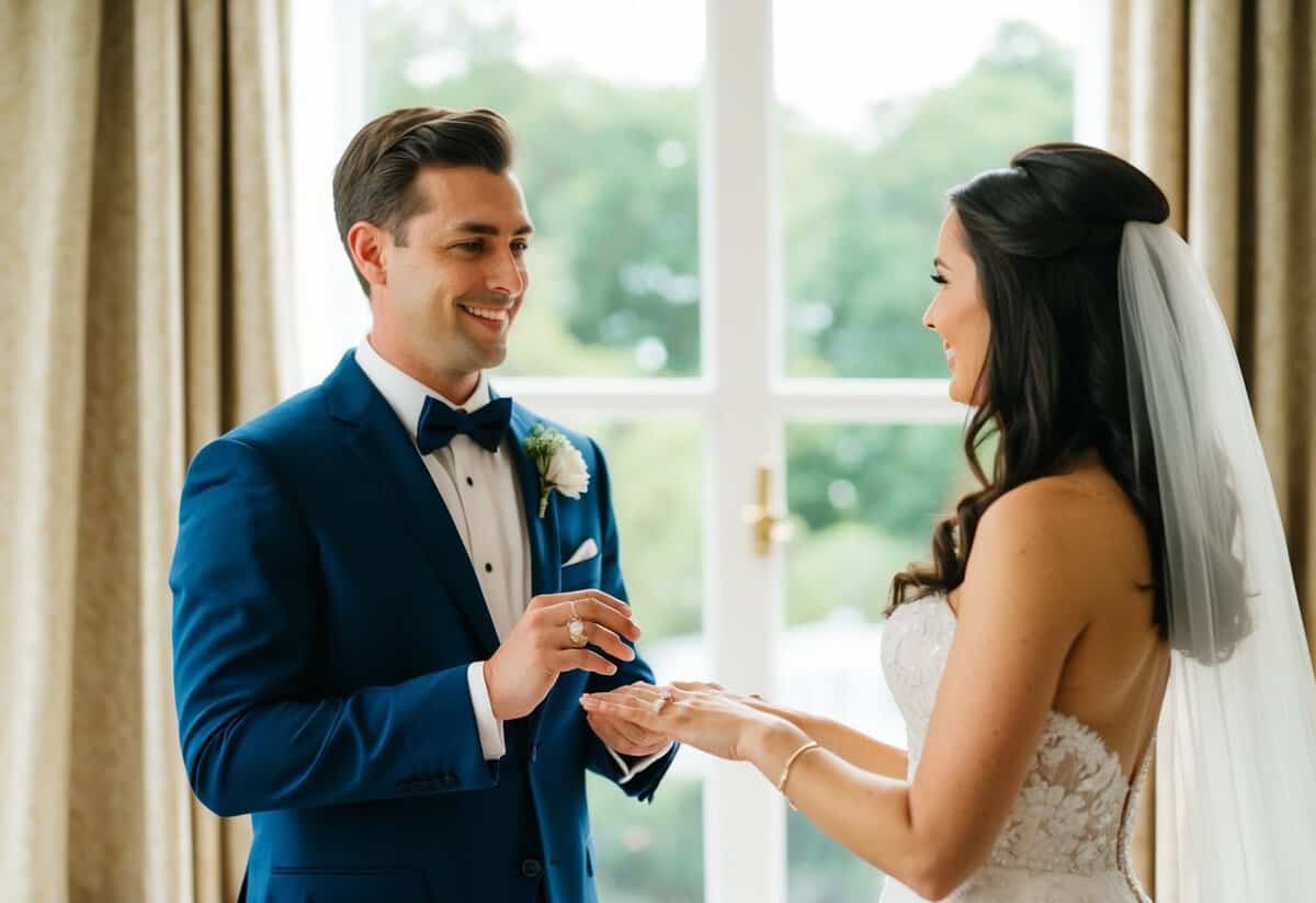 A groom standing before a bride, holding out a ring