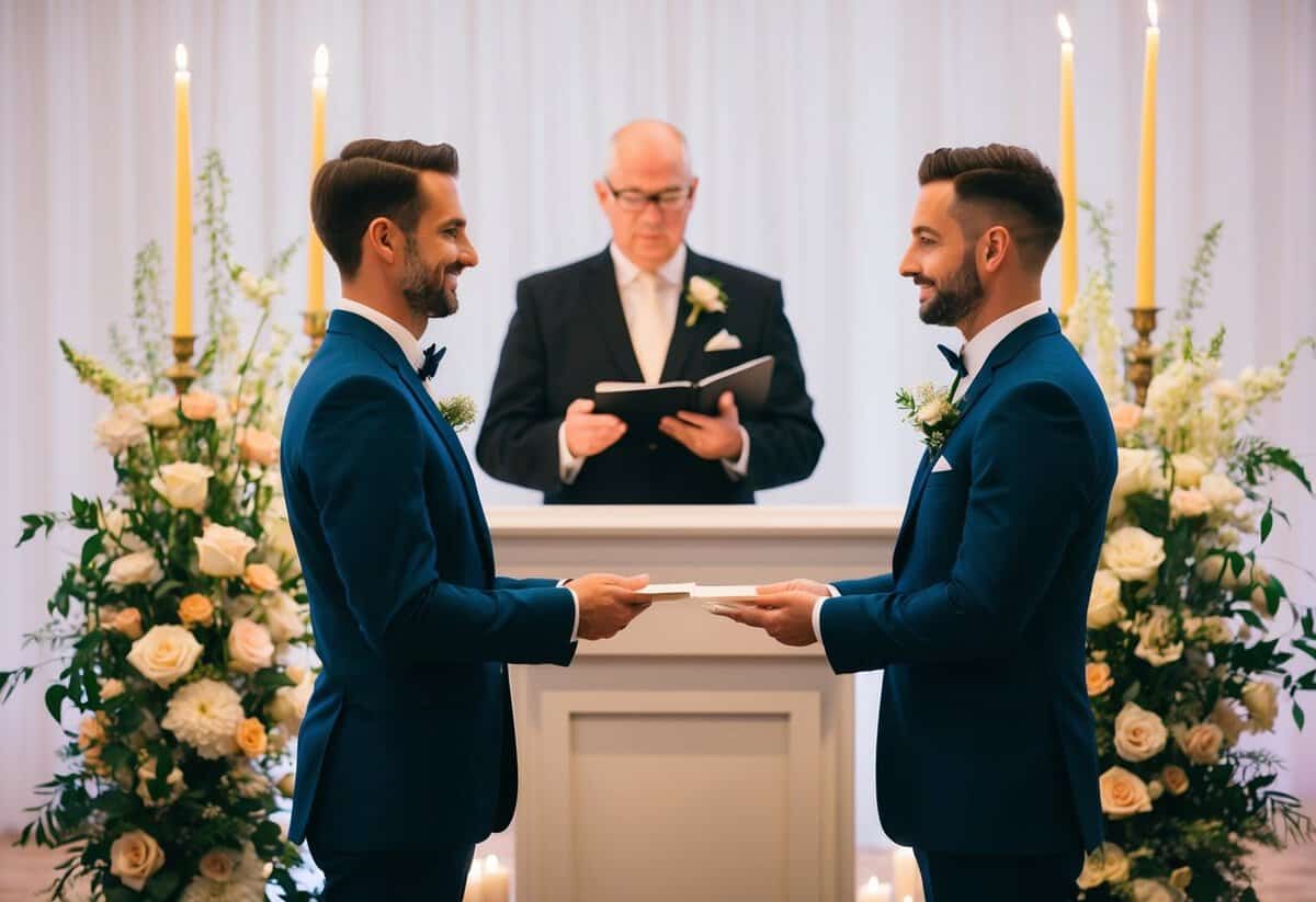 A groom standing at an altar with a bride standing opposite, surrounded by flowers and candles, exchanging wedding vows
