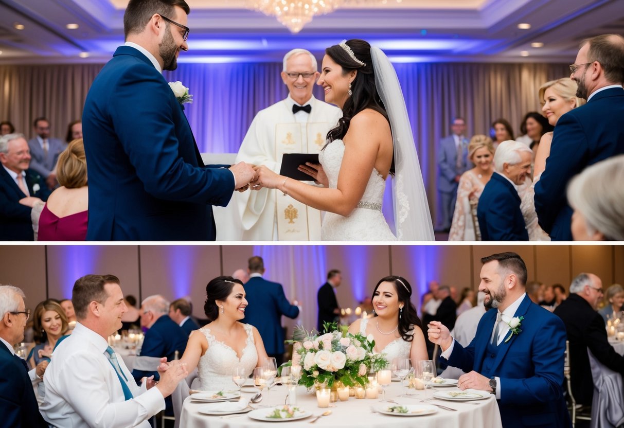 A wedding ceremony: a couple exchanging vows at an altar. A wedding reception: guests dining and dancing at a decorated banquet hall