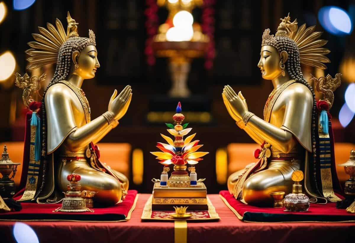 A ceremonial altar with two figures facing each other, surrounded by symbolic objects and decorations