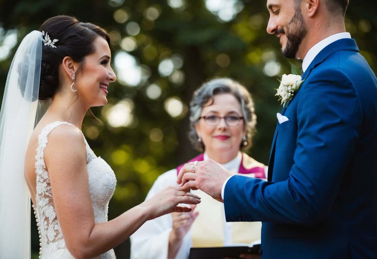 A groom presenting a ring to a bride, standing in front of an officiant during a wedding ceremony