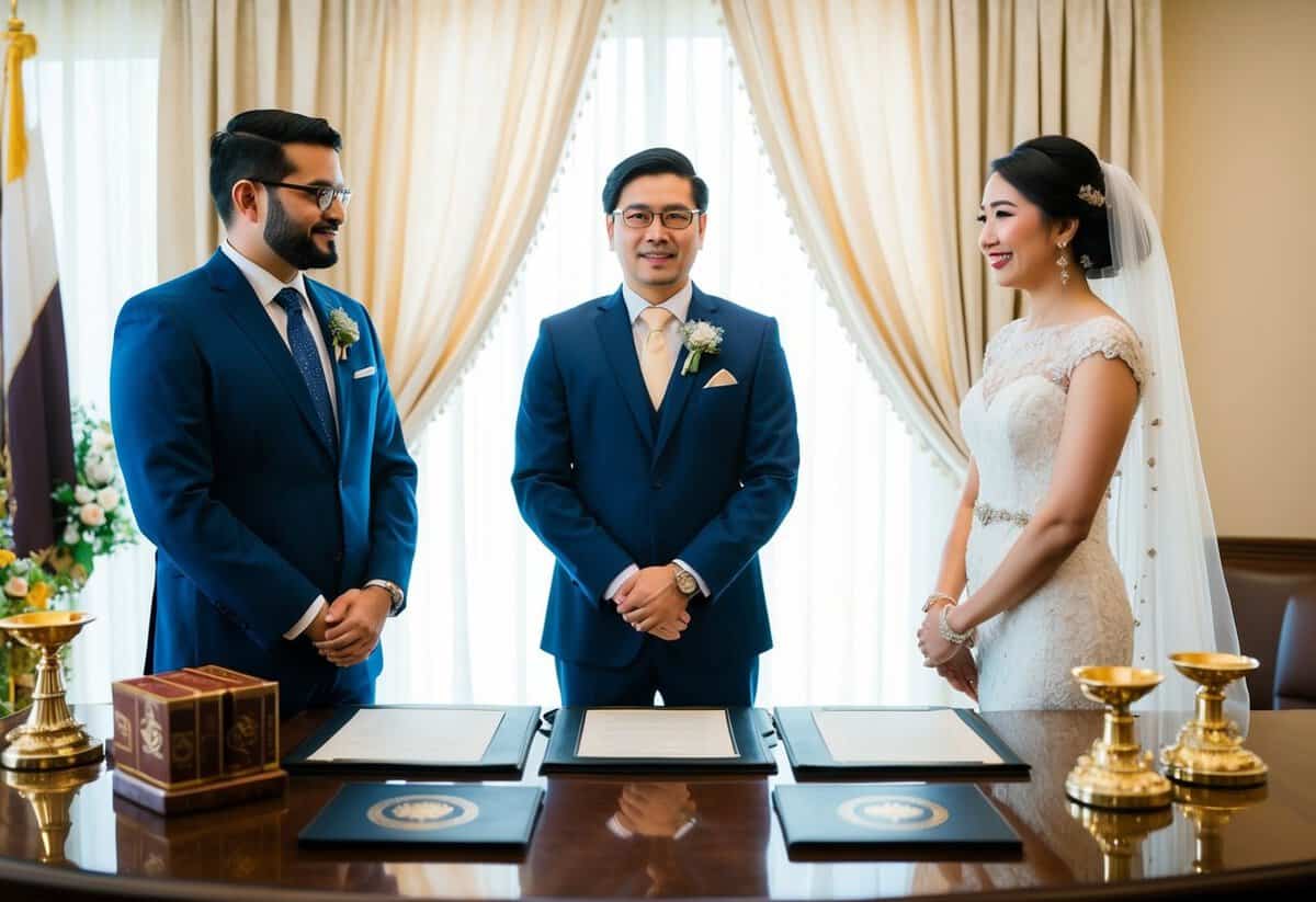 A groom standing before a bride and a legal official, with cultural symbols and legal documents present
