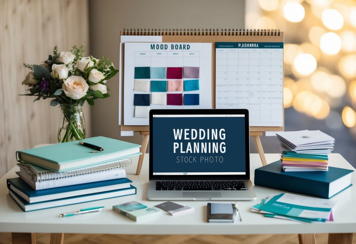 A table set with wedding planning books, notebooks, and a laptop. A mood board with color swatches and fabric samples. A calendar with appointments and deadlines. A stack of business cards and brochures