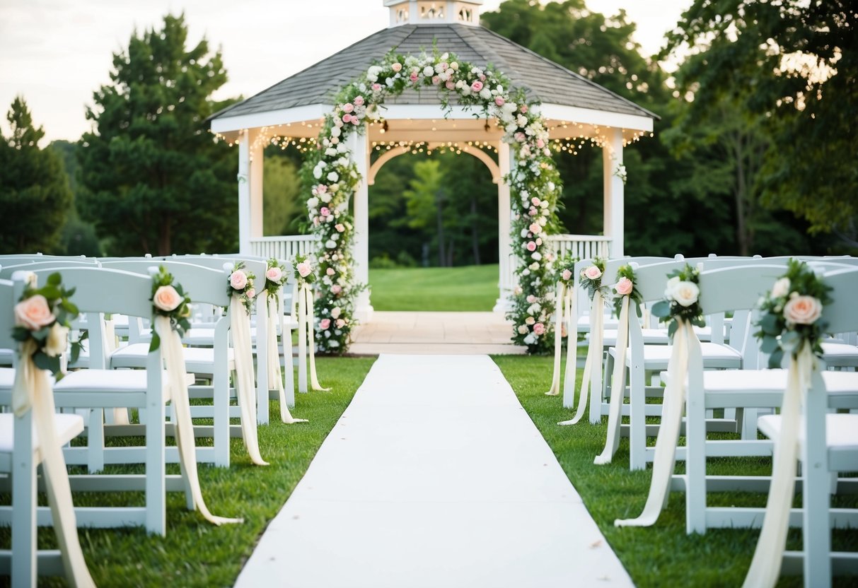 A flower-filled arch stands at the end of a white aisle, leading to a gazebo adorned with ribbons and twinkling lights