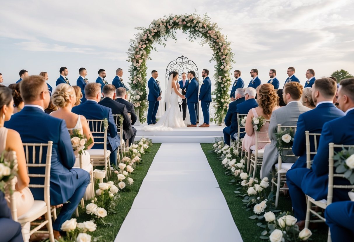 A wedding ceremony: an archway adorned with flowers, guests seated in rows, an aisle leading to a raised platform, and a decorative altar