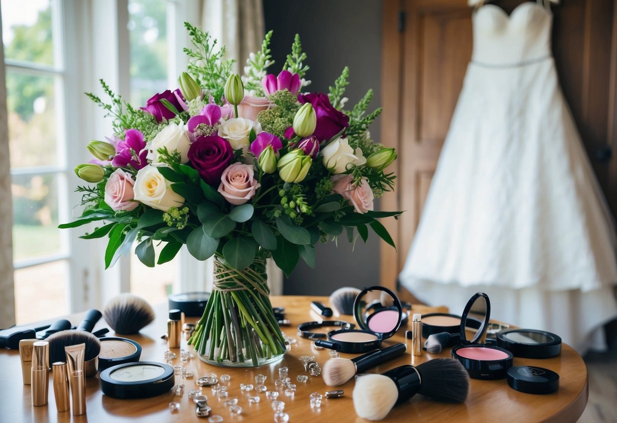 A bouquet of flowers arranged on a table, surrounded by scattered makeup and hair accessories. A wedding dress hangs in the background, waiting to be worn