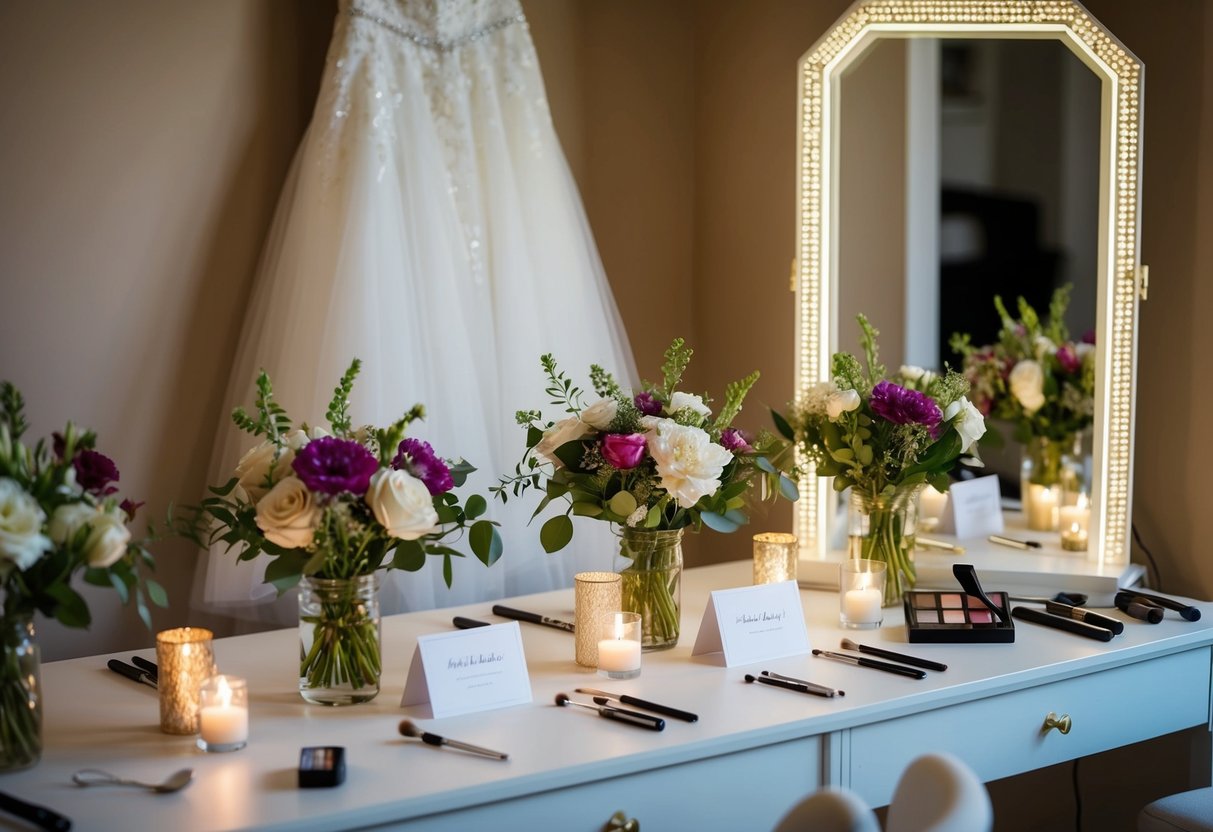 A table is set with flowers, candles, and place cards. A wedding dress hangs on a hanger, while a makeup artist's tools are laid out on a vanity