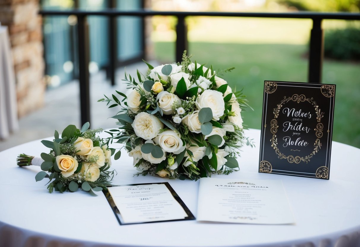 A bride's bouquet and a groom's boutonniere laid out on a table next to a wedding program and a decorative sign