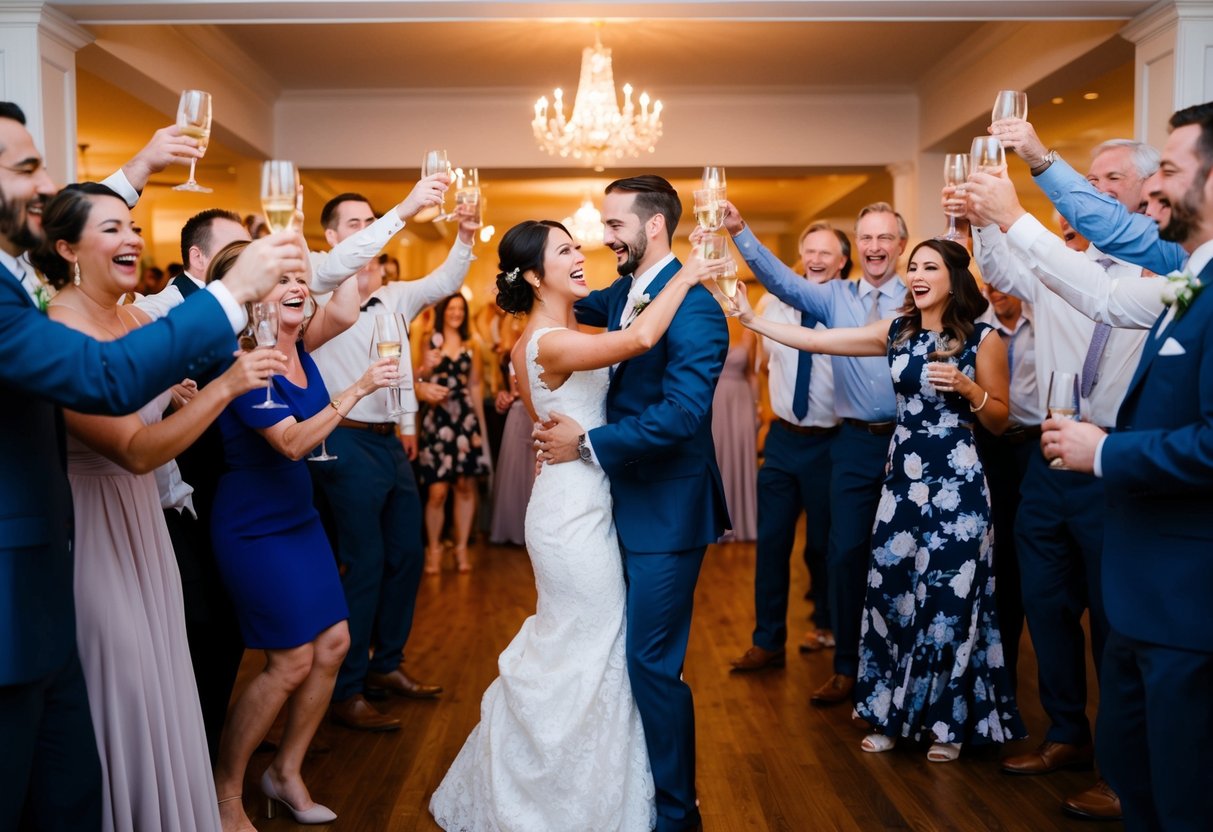 Guests clinking glasses, laughter fills the air, and a couple dances in the center of the room surrounded by beaming friends and family