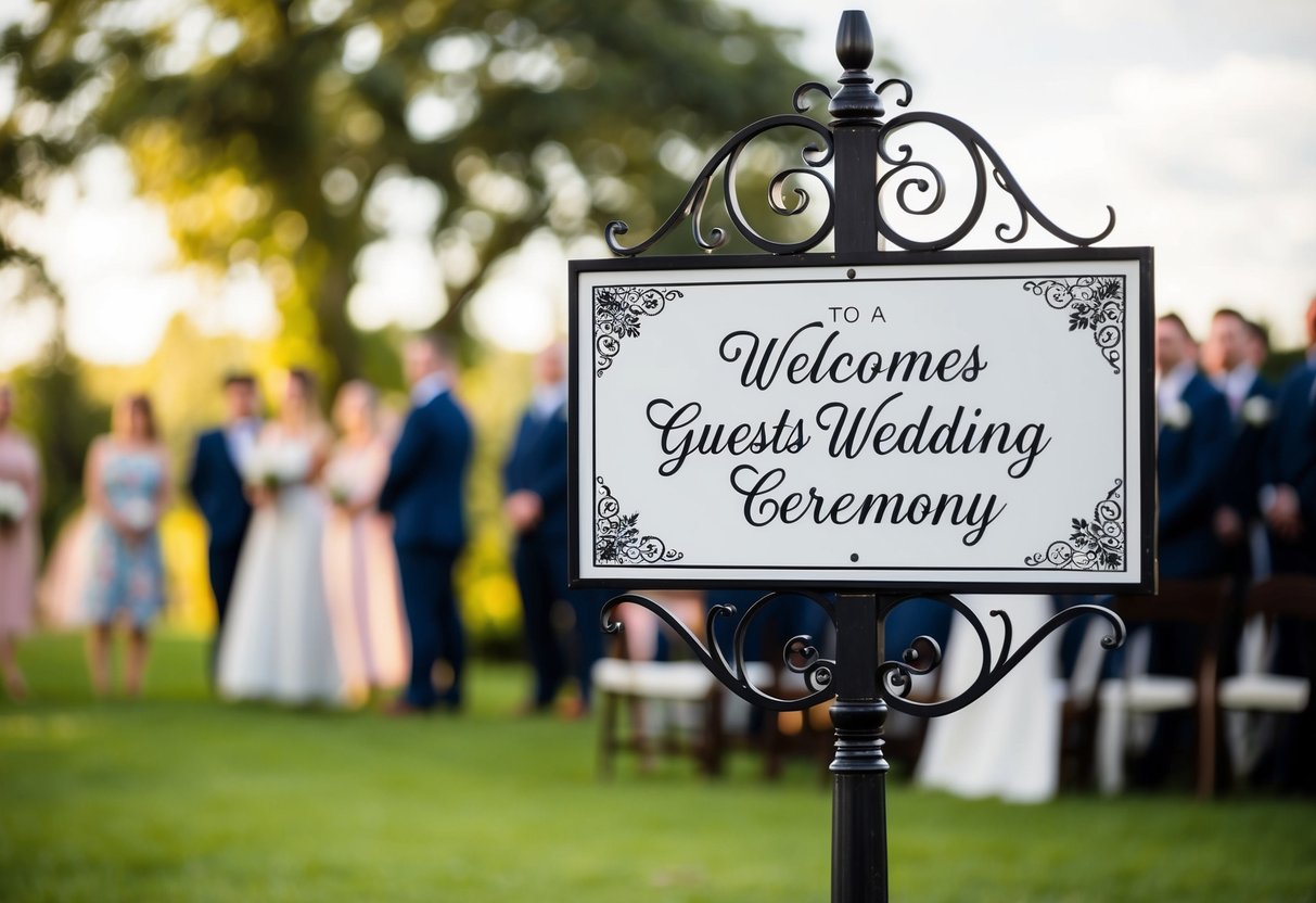A decorative signpost welcomes guests to a wedding ceremony