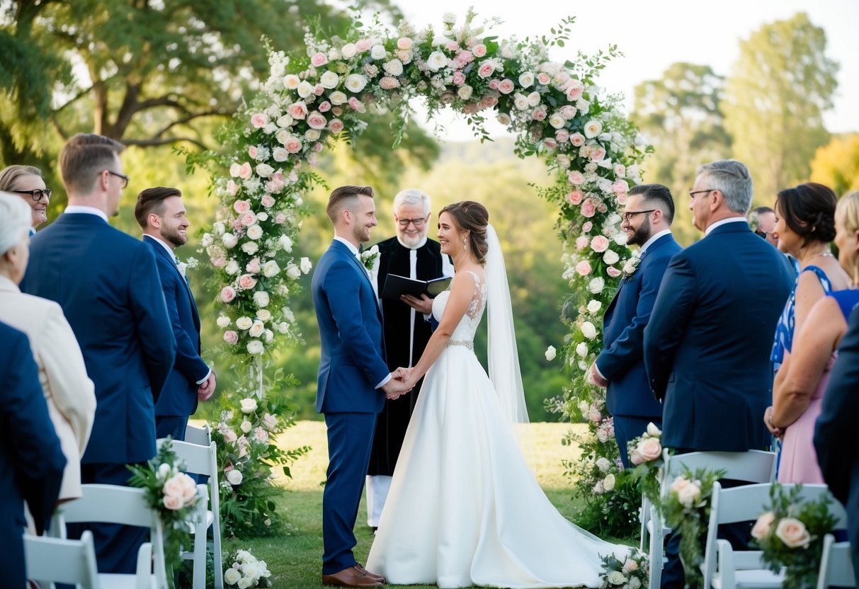 A bride and groom stand beneath a floral arch, surrounded by guests. A minister officiates the ceremony as the couple exchanges vows