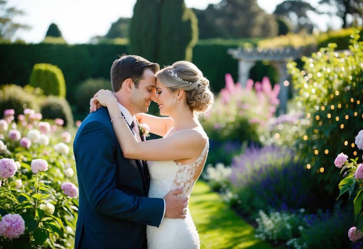 A bride and groom embrace in a sunlit garden, surrounded by blooming flowers and twinkling lights, as a photographer captures the tender moment