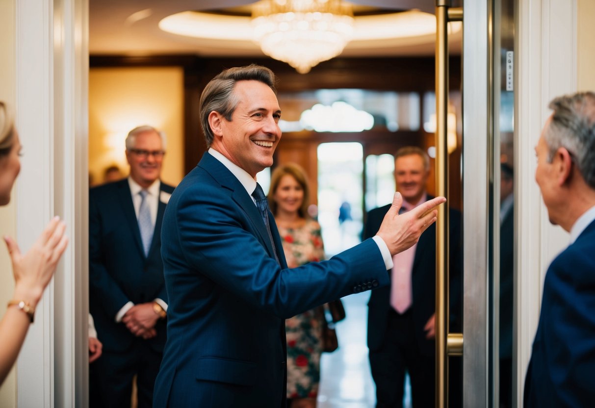A figure stands at the entrance, smiling and gesturing guests inside
