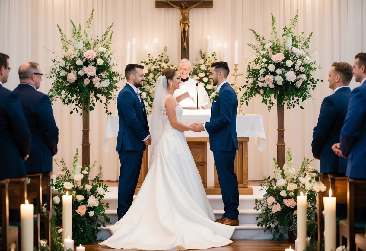 A bride and groom standing at the altar, surrounded by flowers and candles, with a minister officiating the ceremony