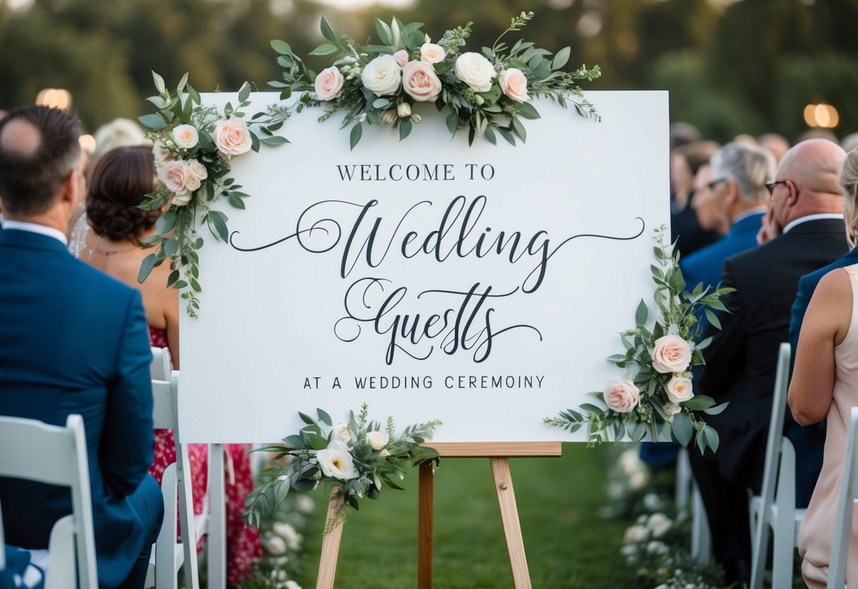 A decorative sign with floral accents and elegant calligraphy welcomes guests at a wedding ceremony