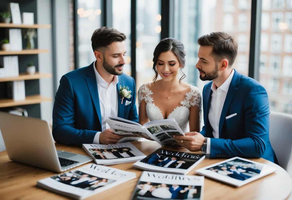 A couple sits at a table, surrounded by wedding magazines and a laptop. They are discussing wedding photography prices and comparing different photographers