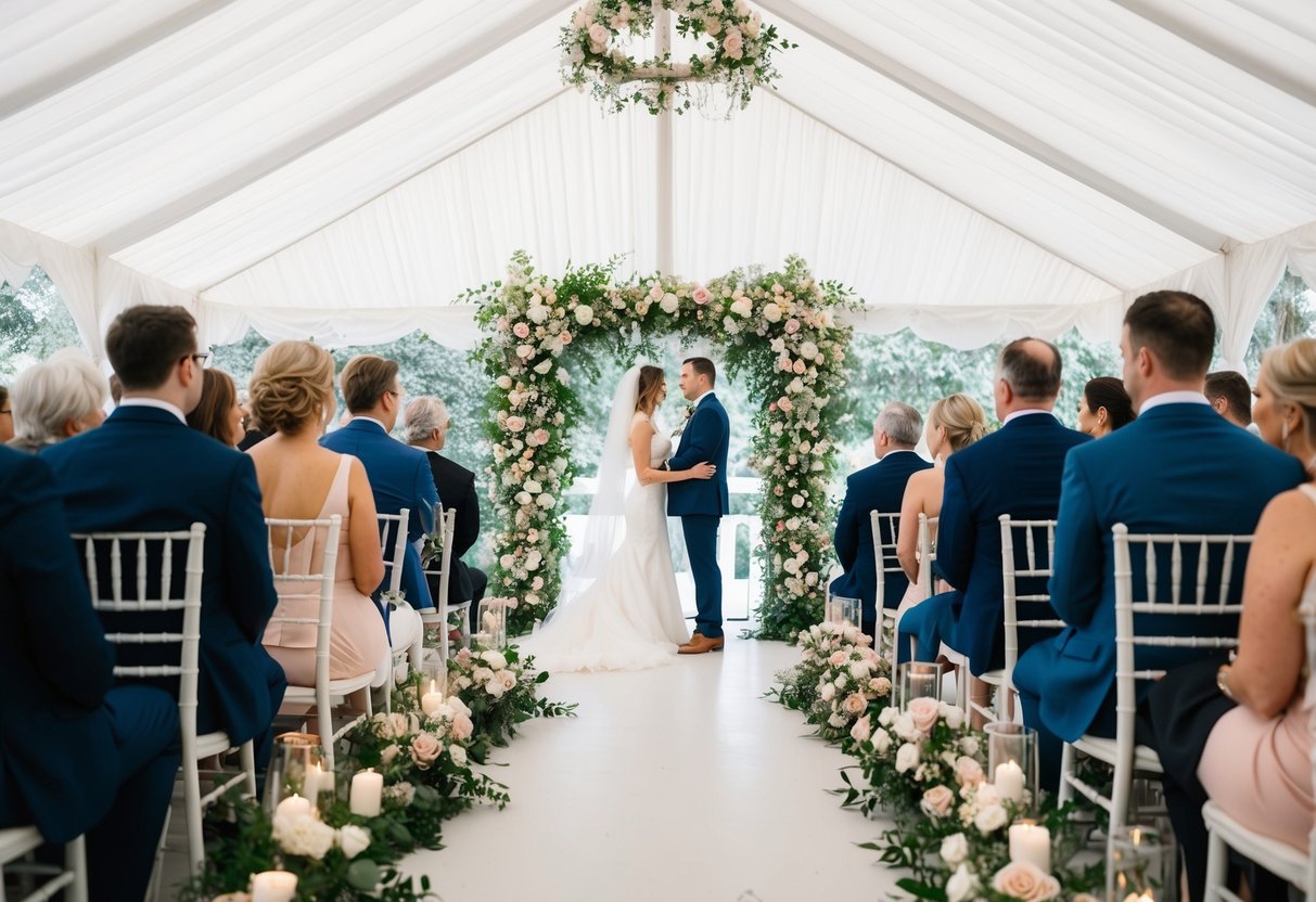 A flower-filled altar under a white canopy, with guests seated in rows facing the couple standing at the front