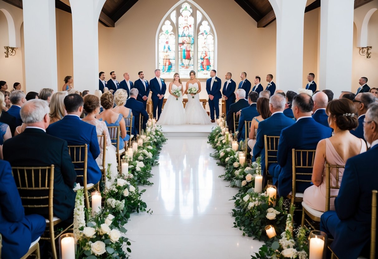 Family and friends sit in rows facing the altar. The bride's and groom's families are typically seated on opposite sides