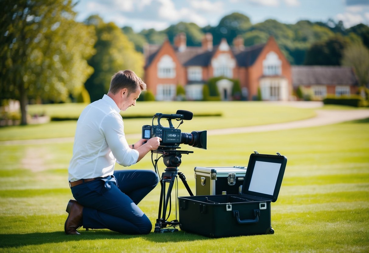 A wedding videographer setting up equipment at a picturesque outdoor venue in the UK