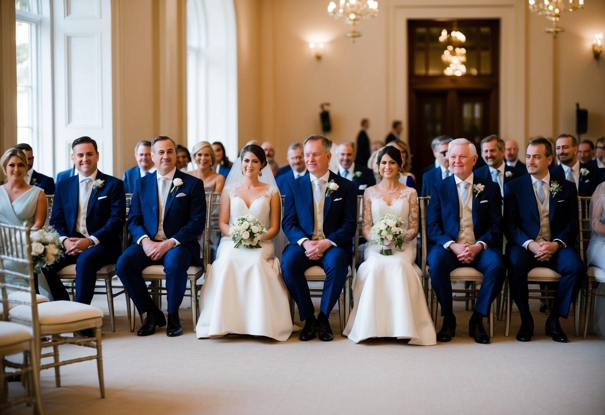 The wedding party and VIPs are seated in a grand hall, with elegant chairs arranged in neat rows. A designated seating plan ensures each member has a prominent position