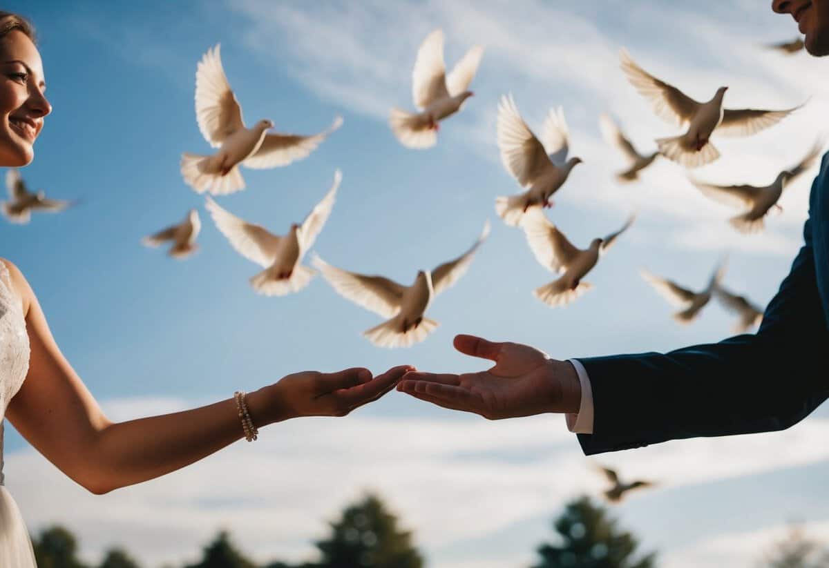 A couple's hands releasing a flock of doves into the sky