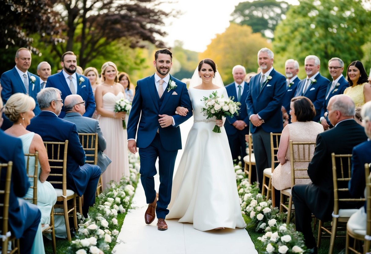 The bride and groom walk down the aisle, followed by their families and wedding party. Guests are seated on either side of the aisle, with the front rows reserved for close family members