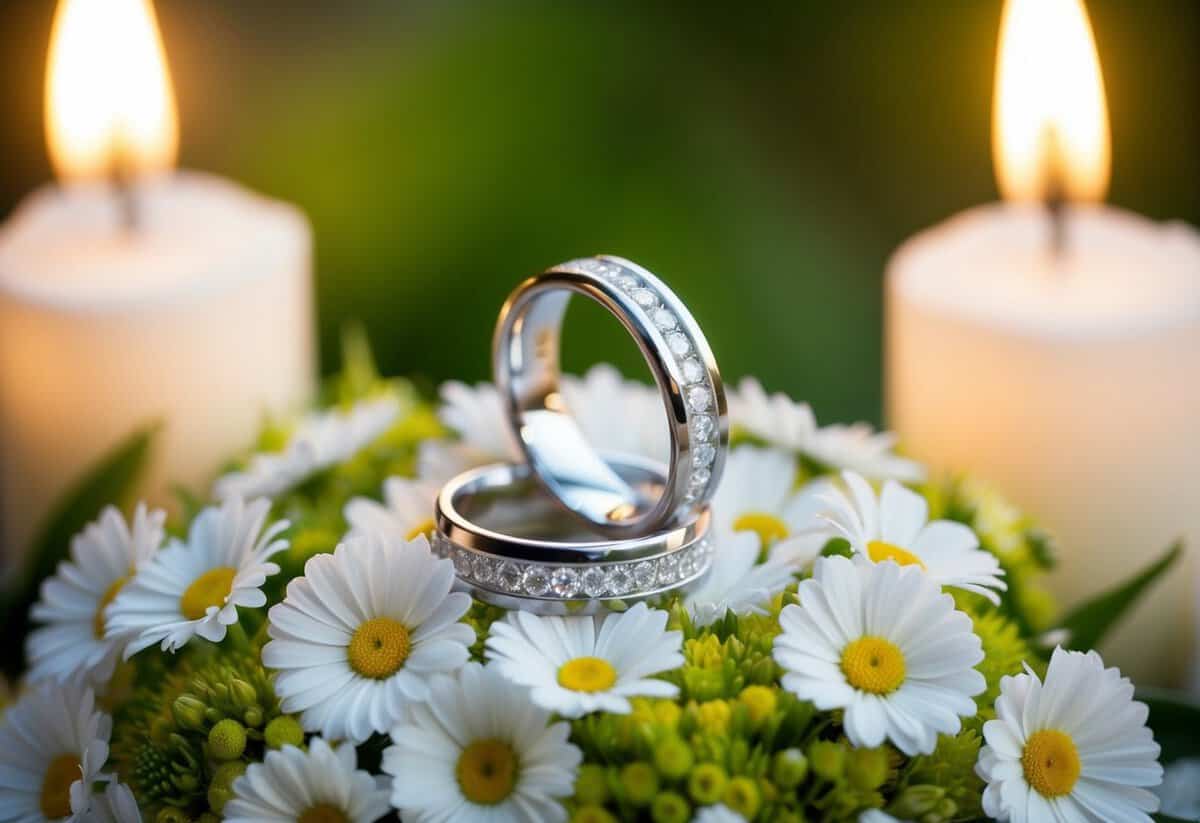 A pair of elegant wedding rings placed on a bed of fresh flowers, surrounded by soft candlelight