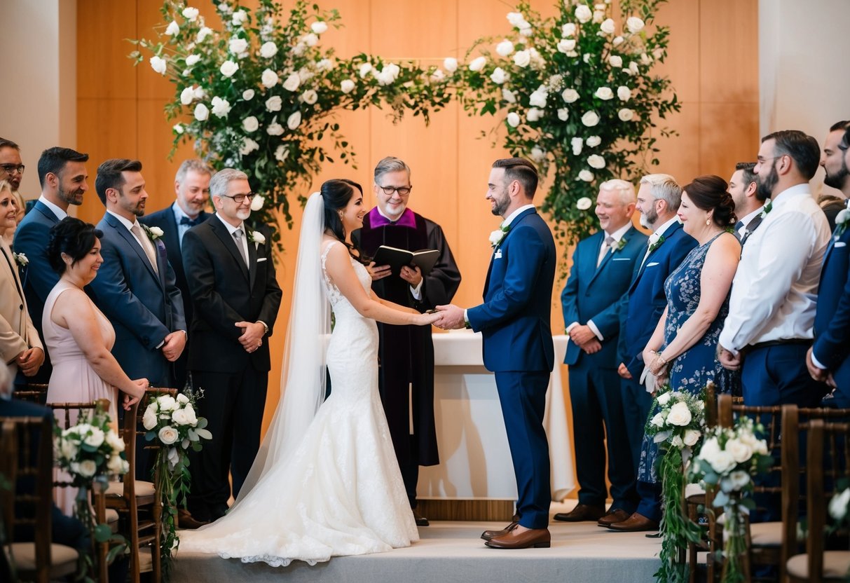 A bride and groom stand at the altar, surrounded by family and friends. The officiant begins the ceremony, leading the couple through traditional vows and rituals